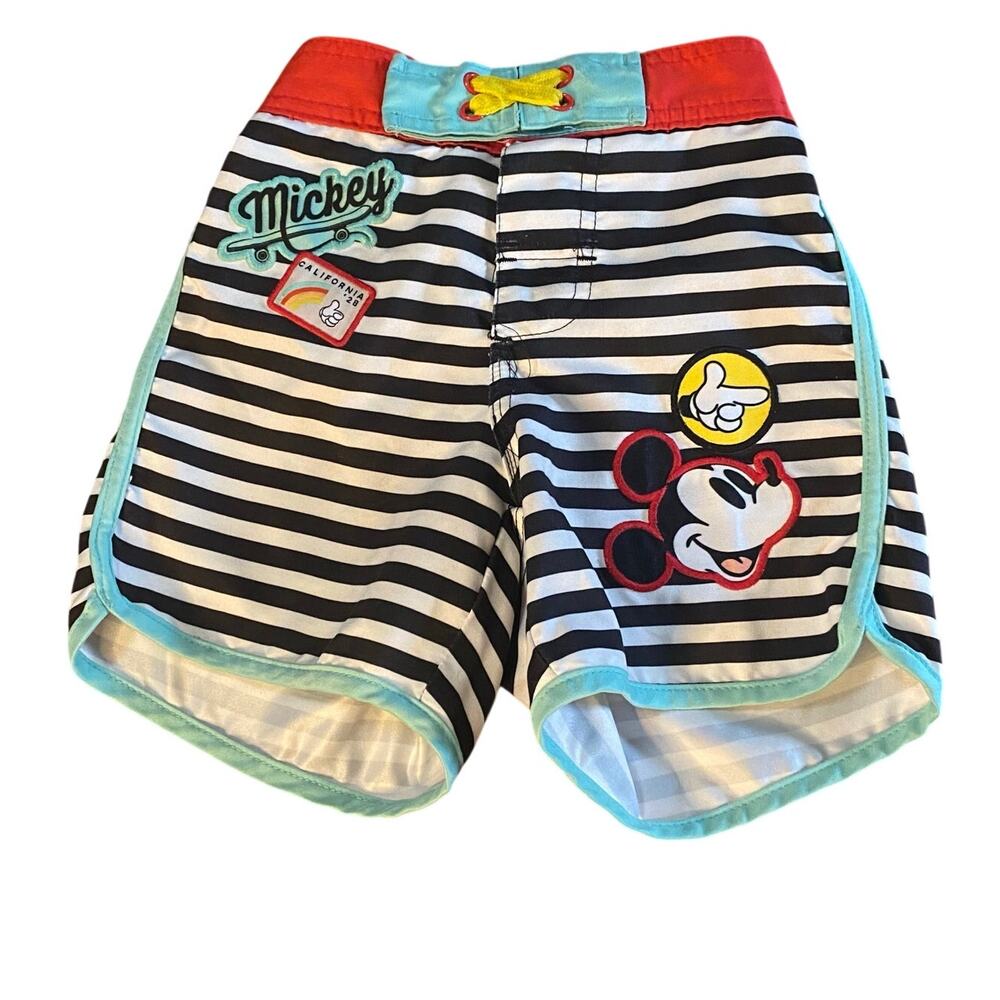 Disney Mickey Mouse retro patches black white striped‎ swim trunk shorts SIZE 3